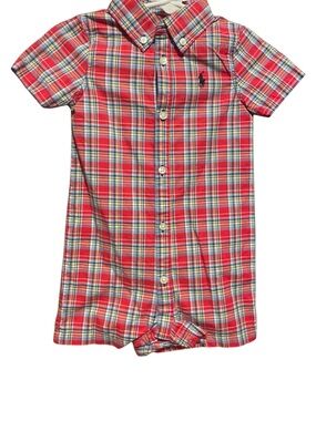 Ralph Lauren Red Plaid Short-Sleeve Button Romper 9Mo